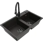 Mexen Tomas 2-Becken-Granitspüle mit Mischbatterie Elia, Schwarz/Gold metallisch - 6516-75-670101-70-B