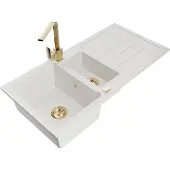 Mexen Andres 1,5-Becken-Granitspüle mit Abtropffläche und Mischbatterie Rita, Weiß - 6515-20-670300-50
