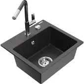 Mexen Milo 1-Becken-Granitspüle mit Mischbatterie Flora, Schwarz/Gold metallisch - 6505-76-670401-08