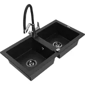 Mexen Mario 2-Becken-Granitspüle mit Mischbatterie Duo, Schwarz - 6504-77-671701-07-B