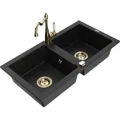 Mexen Mario 2-Becken-Granitspüle mit Mischbatterie Carla, Schwarz - 6504-77-670700-50