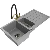 Mexen Andres 1,5-Becken-Granitspüle mit Abtropffläche und Mischbatterie Duo, Grau - 6515-71-671701-57-B
