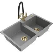 Mexen Tomas 2-Becken-Granitspüle mit Mischbatterie Duo, Grau - 6516-71-671701-57-G