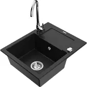 Mexen Enzo 1 Becken-Granitspüle mit Abtropffläche und Mischbatterie Telma, Schwarz - 6506-77-670200-00