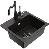 Mexen Milo 1-Becken-Granit-Spüle mit Mischbatterie Carla, Schwarz/Gold metallisch - 6505-75-670700-70-B