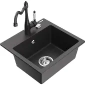 Mexen Milo 1-Becken-Granit-Spüle mit Mischbatterie Carla, Schwarz gesprenkelt - 6505-76-670700-76