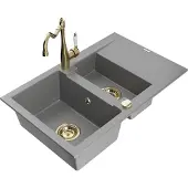 Mexen Gaspar 1,5-Becken-Granitspüle mit Abtropffläche und Mischbatterie Carla, Grau - 6507-71-670700-50