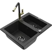 Mexen Carlos 1,5-Becken-Granitspüle mit Mischbatterie Flora, Schwarz/Silbermetallic - 6518-73-670401-57-B