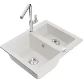 Mexen Carlos 1,5-Becken-Granitspüle mit Mischbatterie Flora, Weiß - 6518-20-670401-00