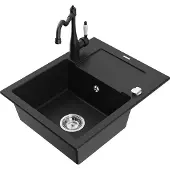 Mexen Enzo 1 Becken-Granitspüle mit Abtropffläche und Mischbatterie Carla, Schwarz - 6506-77-670700-70