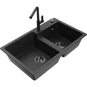 Mexen Tomas 2-Becken-Granitspüle mit Mischbatterie Flora, Schwarz/Silbermetallic - 6516-73-670401-70-B