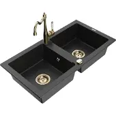 Mexen Mario 2-Becken-Granitspüle mit Mischbatterie Carla, Schwarz/Silbermetallic - 6504-73-670700-50