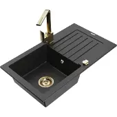 Mexen Pablo 1 Becken-Granitspüle mit Abtropffläche und Mischbatterie Rita, Schwarz/Silbermetallic- 6510-73-670300-50