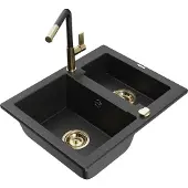 Mexen Carlos 1,5-Becken-Granitspüle mit Mischbatterie Flora, Schwarz/Silbermetallic - 6518-73-670401-57-G