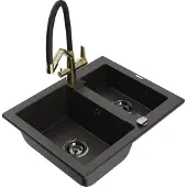 Mexen Carlos 1,5-Becken-Granitspüle mit Mischbatterie Duo, Schwarz/Gold metallisch - 6518-75-671701-57-B