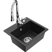Mexen Milo 1-Becken-Granit-Spüle mit Mischbatterie Savita, Schwarz/Silbermetallic- 6505-73-672601-00