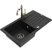 Mexen Pablo 1 Becken-Granitspüle mit Abtropffläche und Mischbatterie Carla, Schwarz - 6510-77-670700-50-B