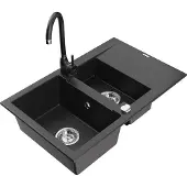 Mexen Gaspar 1,5-Becken-Granitspüle mit Abtropffläche und Mischbatterie Telma, Schwarz - 6507-77-670200-70