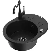 Mexen Kevin 1 Becken-Granitspüle mit Abtropffläche und Mischbatterie Carla, Schwarz - 6517-77-670700-70-B