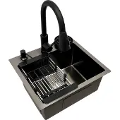 OEM Küchenspüle, Ausziehbarer Wasserhahn, Integrierte Zubehörteile, schwarz