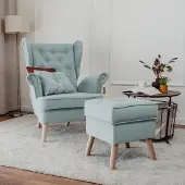 Idohome - Gepolsterter Ohrensessel CLASSIC mit Hocker, Farbe: Meeresfarbe Trinity 22