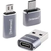 Intenso USB Adapter Set (MIX480) 3er Pack, USB-C auf USB-A, USB-A auf USB-C, USB-C auf microUSB, 480 Mbit/s High-Speed USB 2.0, OTG, Aluminium, Grau