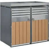 STILVORA Mülltonnenbox Stahl Grau-Holzoptik abschließbar mit Pflanzkasten, 2 Fächer