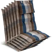Beautissu 6x Premium Hochlehnerauflage 120x50x7cm, Braun-Blau-Kariert