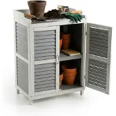 Relaxdays Pflanztisch mit Unterschrank, Holz, Eisen Arbeitsplatte, HxBxT: 100 x 67 x 47 cm, Gartenschrank, grau/weiß