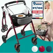 Aktiv shop GmbH ELONEO Wohnungsrollator 54cm breit, faltbar und leicht, inkl. Tablett & Stoffkorb, Rollator schmal für die Wohnung, Indoor-Rollator, klappbar, Aluminium,Mobilität für Zuhause rot