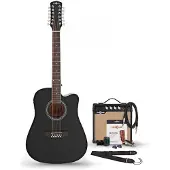 Gear4Music Dreadnought-12-Saiter-Elektroakustikgitarre Schwarz mit 15-Watt-Verstärker und Zubehörset