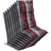 Beautissu 8x Premium Hochlehnerauflage 120x50x7cm, Grau-Rot-Hellblau-Kariert