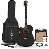 Gear4Music Dreadnought Cutaway Linkshänder-Elektroakustikgitarre Schwarz mit 15-Watt-Verstärker und Zubehörset