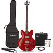 Gear4Music San Francisco Halbakustische Bassgitarre Wine Red im Paket mit SubZero-Verstärker V15B