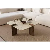 Skye Decor , Moderner Couchtisch (90 x 35 x 90 cm), Travertin & Walnuss, 100% melaminbeschichtete Spanplatte | Zerlegt, elegantes Design für stilvolle Wohnräume.