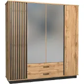Masseno Schiebetürenschrank KIMA 196,6/205/52cm 4-türig mit Spiegel Eiche Wotan