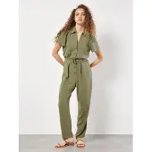 Apricot Jumpsuit "Gathered Sleeve Button Down Jumpsuit", Damen, Gr. L (40), N-Gr, grün (khaki), Obermaterial: 100% Polyester PES., Overalls Jumpsuit, mit Knopfleiste, mit Taillengürtel