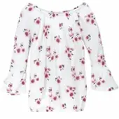Kidsworld Carmenshirt "Viskose-Shirt" weite Passform, mit Blumenmuster und Aufdruck, Carmenausschnitt