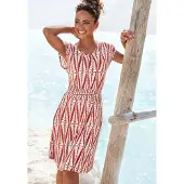 LASCANA Jerseykleid "mit breitem Smokbund und Alloverprint" Ohne Taschen kurzes Sommerkleid, Druckkleid, Viskosekleid, luftiges Strandkleid