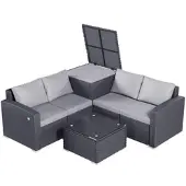 HOMAVO Gartenlounge Set 4 Personen mit Aufbewahrungsbox & Abdeckung