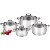 Lamart LT1111 Kochgeschirr-Set, 8-teilig, geeignet für alle Herdarten, einschließlich Induktion, spülmaschinenfest, Edelstahl / Glas, Volumen: 1,8L / 2,6L / 3,6L / 6,0L