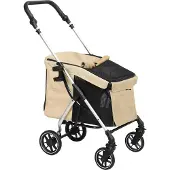 MEIYOU Hundewagen,LeichterundfaltbarerTransportwagenfürkleineHunde,waschbaresKissen,Netzfenster,Khaki
