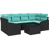 vidaXL Sofa Set mit Kissen 7 pcs Schwarz und Türkis Poly Rattan