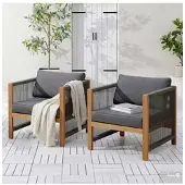 Home24 Loungesessel - 2er-Set - Akazie massiv / Polyester - Braun / Beige