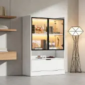 MODFU Vitrine aus Spanplatte in Weiß, 120x80x35 cm, LED-Beleuchtung, Glastüren und Klapptür