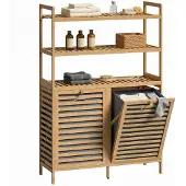 HOMCOM Hamper Cabinet Bambus Vliesstoff 80L x 30B x 118H cm Eiche