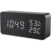 INF Digitaler LED-Wecker, digitaler Wecker, Reisewecker, Tischuhr, Uhr mit Datum und Temperatur, schwarzes Holzdesign