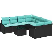 vidaXL Sofa Set mit Kissen 9 pcs Schwarz und Türkis Poly-Rattan