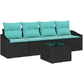 vidaXL Sofa Set mit Kissen 5 pcs Schwarz und Türkis Poly Rattan
