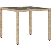 vidaXL Gartentisch mit Glasplatte Beige 90x90x75 cm Poly Rattan